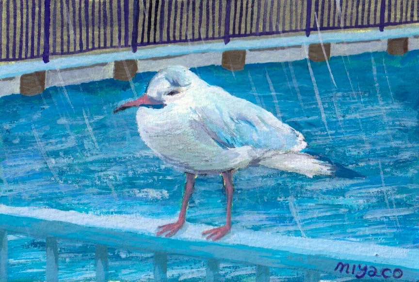 ササキ京のアクリル画、雨を浴びる鳥